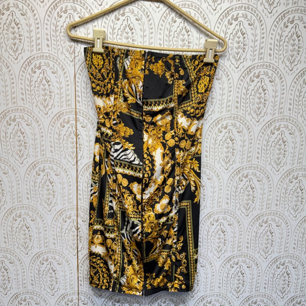 Fashion Nova Mini Dress Womens L Gold Baroque Strapless HookEye Bodycon Clubwear